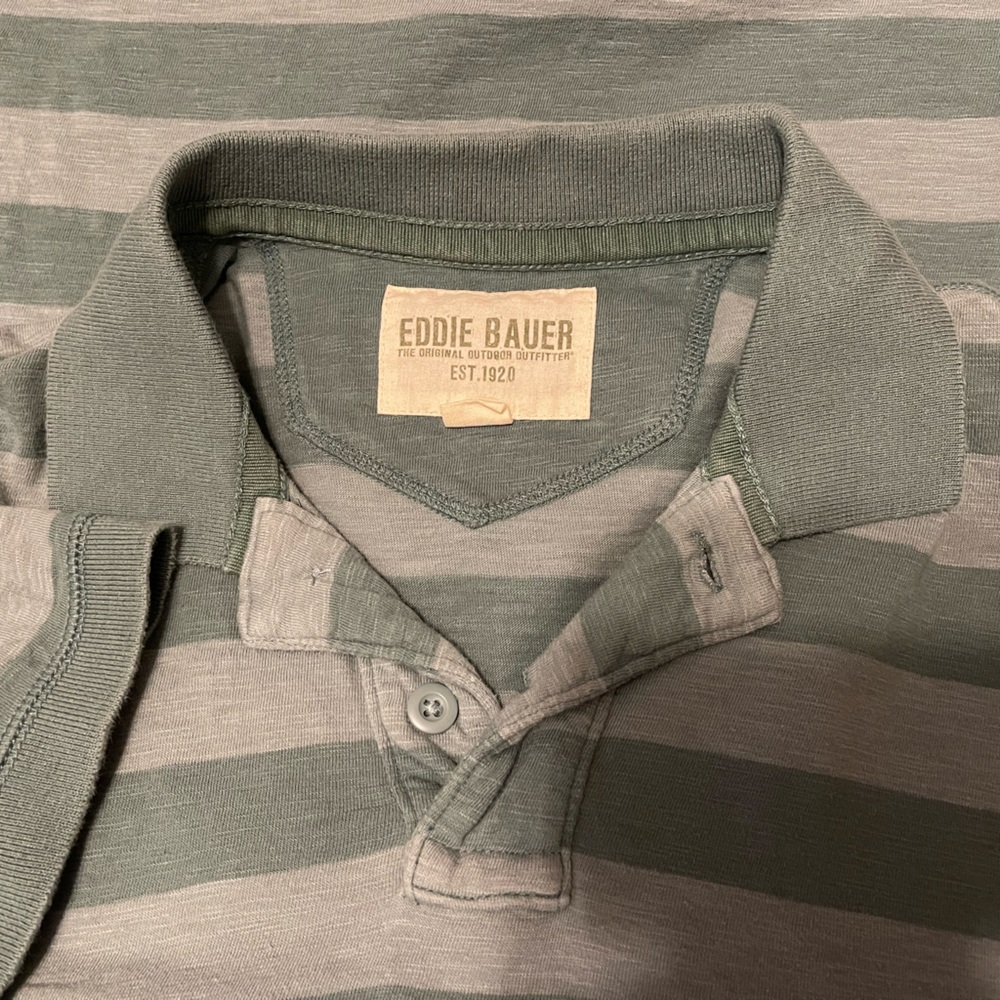 EDDIE BAUER CLASSIC COTTON SLUB FADED GREEN BLUE BLOCK STRIPED POLO MEN SMALL